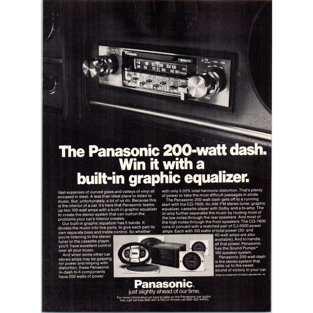 1979 Panasonic CQ-7600 Car Stereo With Equalizer Vintage Print Ad 70s Wall Art